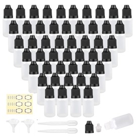 Yalbdopo 50Pcs, 10Ml Empty Plastic Dropper Bottles Portable White Squeezable Bottles With Black Cap Eye Liquid Dropping Refillable Sample Containers (Includes 54 Labels/2 Funnels/2 Droppers)