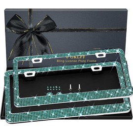 OKLPF Bling License Plate Frame for Women, 2PCS Sparkly License Plate Frames| Over 1200 pcs14 Facets Bedazzled Clear Glass Diamond Rhinestone Crystals w/Free Glitter Diamond Box (Green)