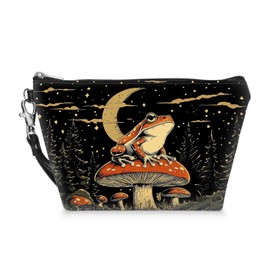 Tudguiloae Cosmetic Bag for Women, Small Makeup Bag for Purse, Water-resistant PU Leather Pouch with Frog Mushroom Pattern and Zipper, Ideal Gift for Girls for Daily Use and Travel