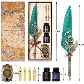 NC Quill Pen Ink Set, Including 2 Bottles of Ink and 4 Replaceable Nibs, 1 Mechanical Quill Pen, 1 Pen Holder, Calligraphy Pen for Writing, Writing Letters, Signing Invitations, Etc(Green)