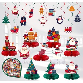 84PCS Christmas Party Honeycomb Centerpieces Stickers Hanging Foil Swirl Decorations Set 3D Double Side Christmas Party Table Topper Decoration Holiday Centerpieces for Christmas Party Supplies Decor
