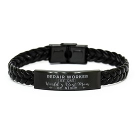 New Repair Worker Mom Engraved Bracelet, Repair Worker by Day, World's Best Mom by Night. Funny Repair Worker Mom for New Mom Repair Worker Inspirational Gifts Mom Life Quote