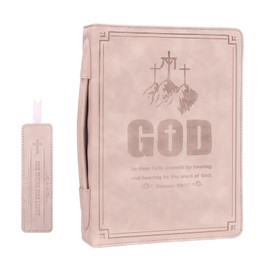 Leather Bible Cover with Soft Handle, Large Bible Book Carrying Case Cover(with Exquisite Bookmark), Church Bible Bag As Gift for Women, Man, Girls, Boy (Pink Print)