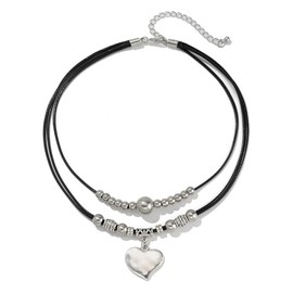 Shimmerz Cowgirl Leather Necklace Ladies Western Chain with Silver Ethnic Relief Beads and Silver Heart Pendant Boho Country Jewellery Choker Gift Idea