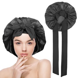 Yuanchu Satin Bonnet for Sleeping Women, Soft Adjustable Elasticity Band Satin Cap for Sleeping, Double Layer Satin Lined Hair Bonnet with Tie Band for Women Curly Hair(Black)