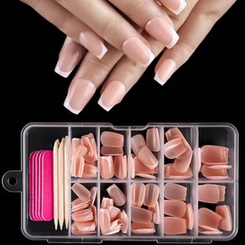 120 Pcs White French Tip Press on Nails Short Coffin Fake Nails Nude Glossy Acrylic Glue On Nails Full Cover False Nail Tips Kit Reusable Shiny Artificla Nails for Women DIY Nail Art Manicure 12 Size