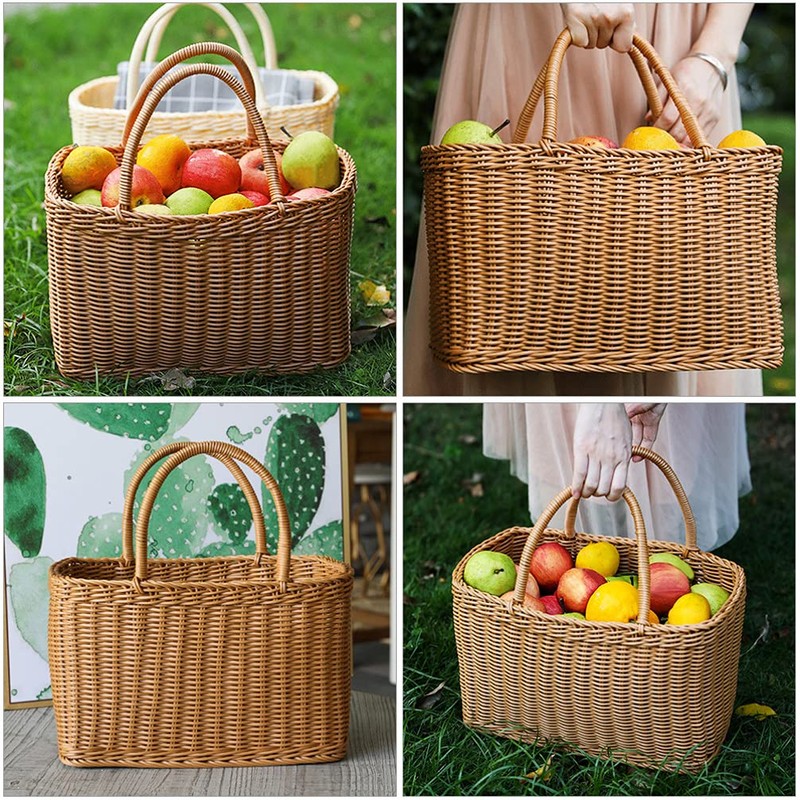 Sewroro Picnic Basket with Handles Handmade Plastic Woven Basket Multifunctional