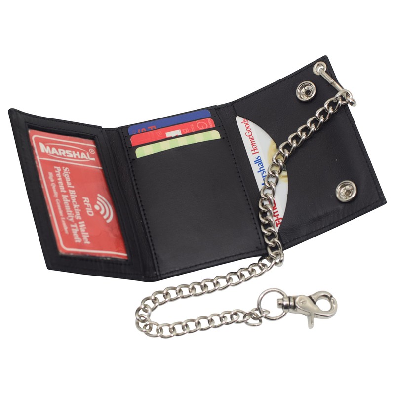 Mens Wallets Black Trifold RFID Protection Real Leather Skull Biker