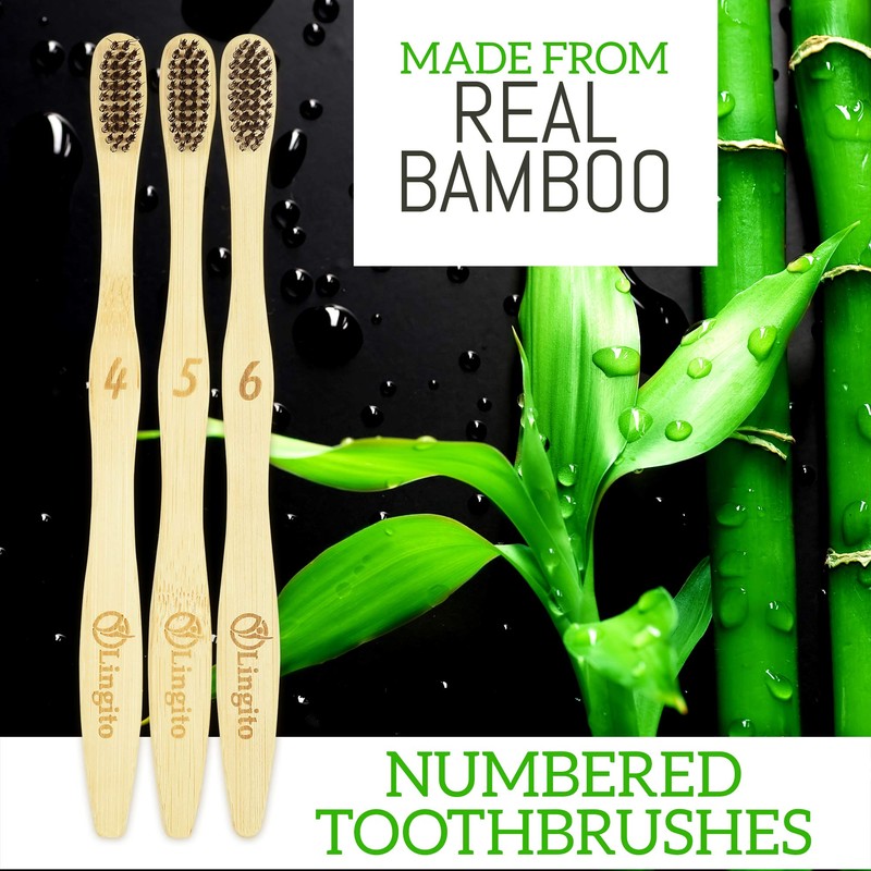 Lingito 6-Pack Natural Charcoal Bamboo Toothbrushes | BPA Free Soft