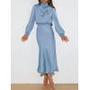 Women's Elegant Long Sleeve Satin Dress Mock Neck Elastic Waist