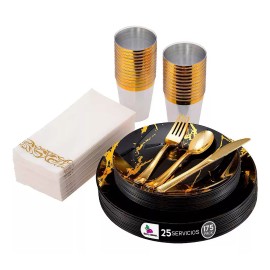 Berry Bloom Vajilla Elegante Reutilizable Color Negro con Dorado de 175 piezas 50 Platos 25 Cucharas Oro 25 Tenedores Oro 25 Cuchillos Oro 25 Vasos 25 Servilletas de Papel para 25 Invitados