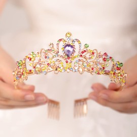 JWICOS Multicolor Rhinestones Tiaras and Crowns for Women Elegant Crown with Combs Princess Crown Tiaras for Brides Women's Headbands Bridal Wedding Prom Birthday Party (Multicolor purple)