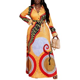 MsavigVice Maxi Dresses for Women V Neck Long Sleeves Button Down Church Dresses Loose Big Swing Long Dress with Pockets