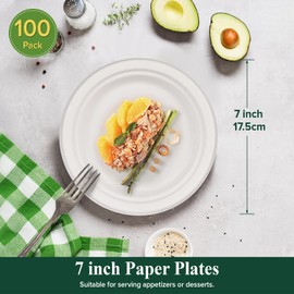 Juertime Heavy Duty Paper Plates 7 inch - 100 Pack Bagasse Strong Disposable Plates - Eco-Friendly, Compostable, Biodegradable Plates - Perfect for Appetizers and Desserts