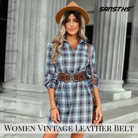 SANSTHS Vintage Women Stretchy Wide Belt with Chunky Buckle, Elastic Wide Waist Belts for Dresses Coats, Coffee S