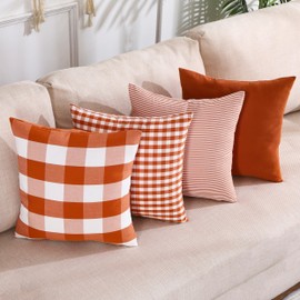 CARRIE HOME Burnt Orange Fall Plaid Throw Pillow Covers 20x20 Set of 4, Autumn Outdoor Farmhouse Decorative Pillows 20 x 20, Buffalo Checkered Striped Living Room Decor Pillows for Front Porch