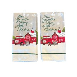 Greenbrier International, Inc. Have Yourself a Merry Little Christmas Set of 2 Kitchen Towels Dish Towels Hand Towels with Vintage Red Christmas Truck Holding Farm Fresh Trees