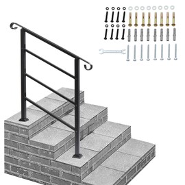 VINGLI Handrails for Outdoor Steps, Stair Handrail Fits 1 to 4 Steps, Wrought Iron Hand Rail Stair Railing Kit for Concrete Steps, Porch Steps (2 to 3 Steps, Black)