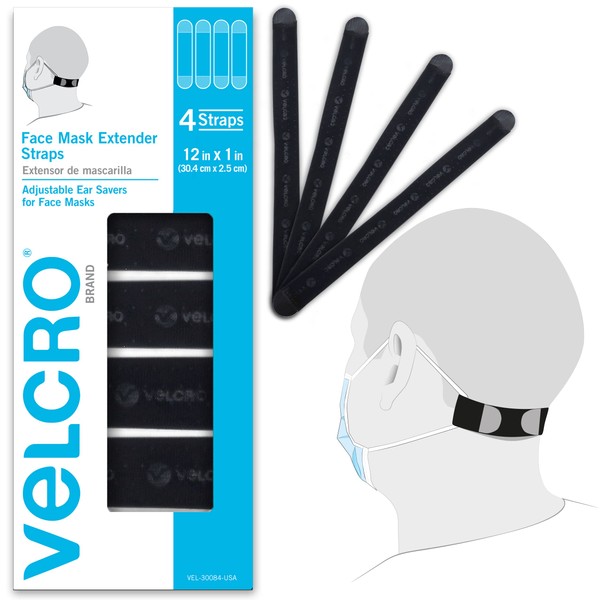 VELCRO Brand Face Mask Extender Straps 4pk Black, 12” x 1” Comfortable and Adjustable Ear Savers, VEL-30084-USA