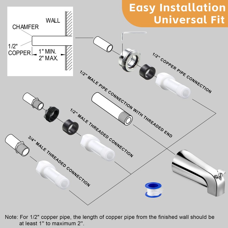 Dreyoo Tub Spout (Universal Fits 1/2" Copper Pipe, 1/2" IPS
