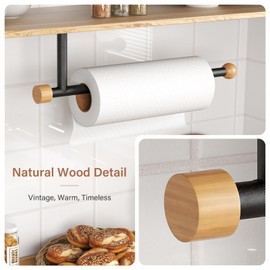 Zivacate porta rotolo da cucina, [Accenti Estetici in Legno] Da Trapanare, porta scottex da parete, porta scottex da tavolo (Nero Opaco)