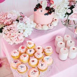 40 Pack Edible Flower Cupcake Toppers Spring Bridal Engagement Baby Shower Birthday Party Cupcake Picks Anniversary Party Decorations Supplies Pink (transparent)