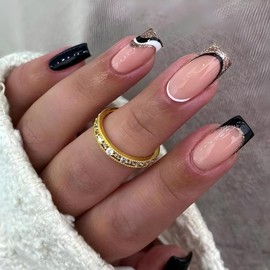 Square French Press on Nails Short Black Nude Fake Nails with Silver Line Design Black Wavy Glue on Nails Artificial Glossy Nails Acrylic Full Cover for Women 24Pcs