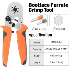 iCrimp Hexagonal Ratchet Crimper for End Sleeves and Ferrules 0.25-6mm² AWG 23-10, Wire Ferrule Crimping Tool (HSC8 6-6)