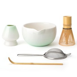 Joiish Gradient Matcha Kit, Matcha Whisk Set, Ceramic Bowl with Spout (18oz), Bamboo Whisk, Stainless Sifter, Scoop & Chasen Holder, 5-PC Complete Macha Tea Ceremony Tools (Cyan-White)