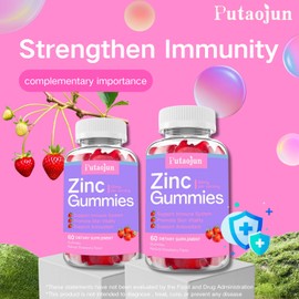 Putaojun Zinc Gummies for Kids & Adults - Immune Support, High Absorption Vitamin C & Zinc Supplement, Natural Strawberry Flavor, Sugar Free, Vegan - 120 Count