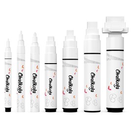 Chalkola 7 weiße Kreide-Marker für Kreidetafeln, Tafeln, Autofenster, Bistro, Glas, 7 Stück – dünne, feine Spitze, große und große radierbare Flüssigkreidestifte (1 mm, 3 mm, 6 mm, 8 mm, 10 mm, 15 mm, 30 mm