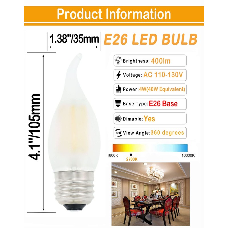 Lamsky Chandelier LED Light Bulbs 40W Equivalent E26 Base,Dimmable 4W