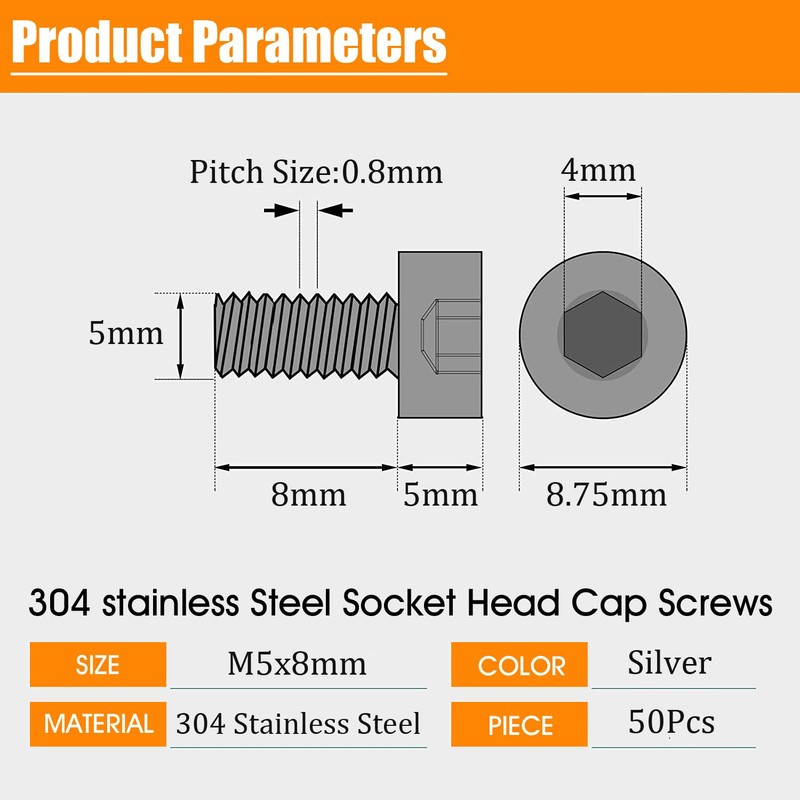 M5-0.8 * 8mm Socket Head Cap Screw, Socket Bolt,304 Stainless
