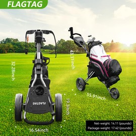 FLAGTAG Golf Push Cart 3 Wheel, Folding Golf Cart with Foot Brake,Cooler Bag, Umbrella Holder, Cup Holder, Storage Compartment