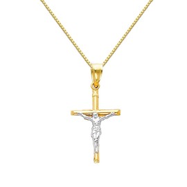 The World Jewelry Center 14k Real Two Tone Gold Jesus Cross Religious Pendant with 0.65mm Box Link Chain Necklace - 24"