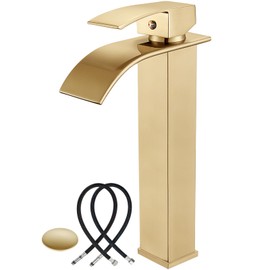 Midanya Vessel Sink Facuet Waterfall Tall Bathroom Faucets Vanity Single Handle 1 Hole Modern with Pop-up Drain and Supply Hoses,Brushed Gold