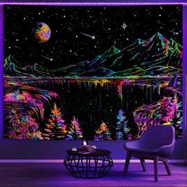 Simpkeely Blacklight Mountain Tapestry, Galaxy Meteor Aesthetic UV Reactive Tapestries, Forest Moon and Stars Starry Night Glow in The Dark Wall Hanging Tapestry for Bedroom, Living Room - 59" x 80"