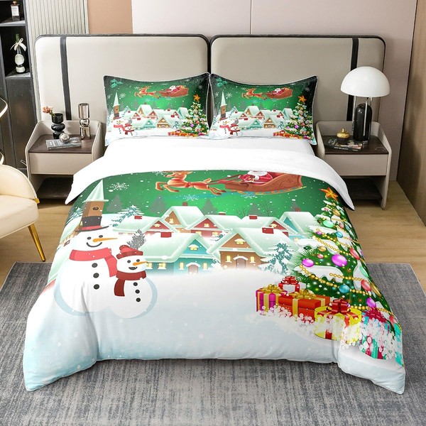 Christmas Santa 100% Cotton Duvet Cover Super Soft,Kids Cartoon Snowmen Gifts Trees Green Breathable Comforter Cover,Cartoon Moose Winter Snow Comforter Cover 3 Pcs with 2 Pillowcases Queen Size