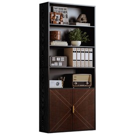 IRONCK Book Shelf and Bookcase with Leather Doors, 70" Tall Bookshelf, 6 Tier Storage Shelves Floor Standing for Home Office, Living Room, Black