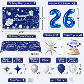 Blue 26th Birthday Decorations for Him Her, 26th Silver and Navy Blue Birthday Decorations for Men Women with Happy Birthday Backdrop Banner Tablecloth Balloons Arch Foil Balloons Party Supplies