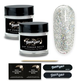 TOUGH GIRLS | Dip Powder | Includes Cuticle Stick, Nail File, Nail Buffer & Nail Wipes (Silver Sparkles | 2-Pack)