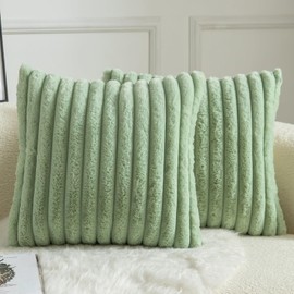Mandioo Set of 2 Cushion Covers, Striped Artificial Fur, Super Soft, Fluffy Modern Cushion Cover, Decorative Sofa, Living Room, Bedroom, Cushion Covers, 40 x 40 cm, Sage Green