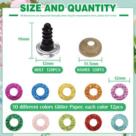 Toaob 120 Pieces 12 mm Safety Eyes Doll Eyes Animal Eyes Plastic Craft Eyes Glitter Colourful Eyes with Washers for Crochet Animals Puppet Doll Making