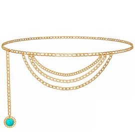 Zookey Boho Waist Chain Belt Gold Metal Link Waist Belt Turquoise Pendant Waist Chain Adjustable Body Jewellery Pants Dresses Carnival Party Costume for Women and Girls