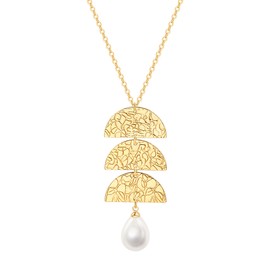 Aobei Pearl Long Chain Necklaces for Women 18K Gold 3-Half-Round Charm Teardrop-shape Shell Pearl Pendant Necklace Statement Y Shape Jewelry 27.5”+2”