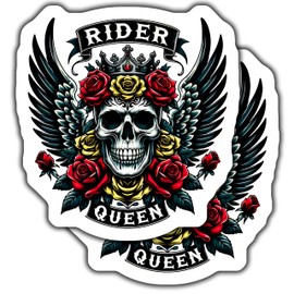 2-Pack 5-Inch Skull Rider Queen Stickers - Winged Skull Rose Decal - Gothic Rock Style Stickers - Motorcycle Rider Stickers for Helmets, Laptops, and More - CCSTICKER13906