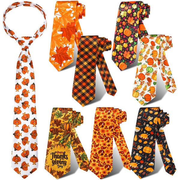Vicenpal 8 Pcs Thanksgiving Tie for Men Decorative Fall Necktie Holiday Tie Funny Turkey Autumn Maple Leaves Pumpkins Tie for Boys Women Thanksgiving Party Costume
