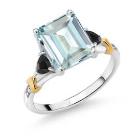 Gem Stone King 925 Silver and 10K Yellow Gold Sky Blue Simulated Aquamarine and Black Onyx and Diamond Engagement Ring For Women (4.49 Cttw, Emerald Cut 10X8MM, Trillion 3.5MM) (Size 7)