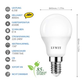 LVWIT E14 LED Tropfenform P45 ersetzt 60W Glühbirnen, Kaltweiß 6500K, 6.5W LED Leuchtmittel, 806lm, (6er Pack)