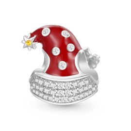 GNOCE Christmas Charm Bead Christmas Hat Charm 925 Sterling Silver Engraved Individual Birthstone Heart Charm Bracelet/Necklace for Women Girls, Sterling Silver